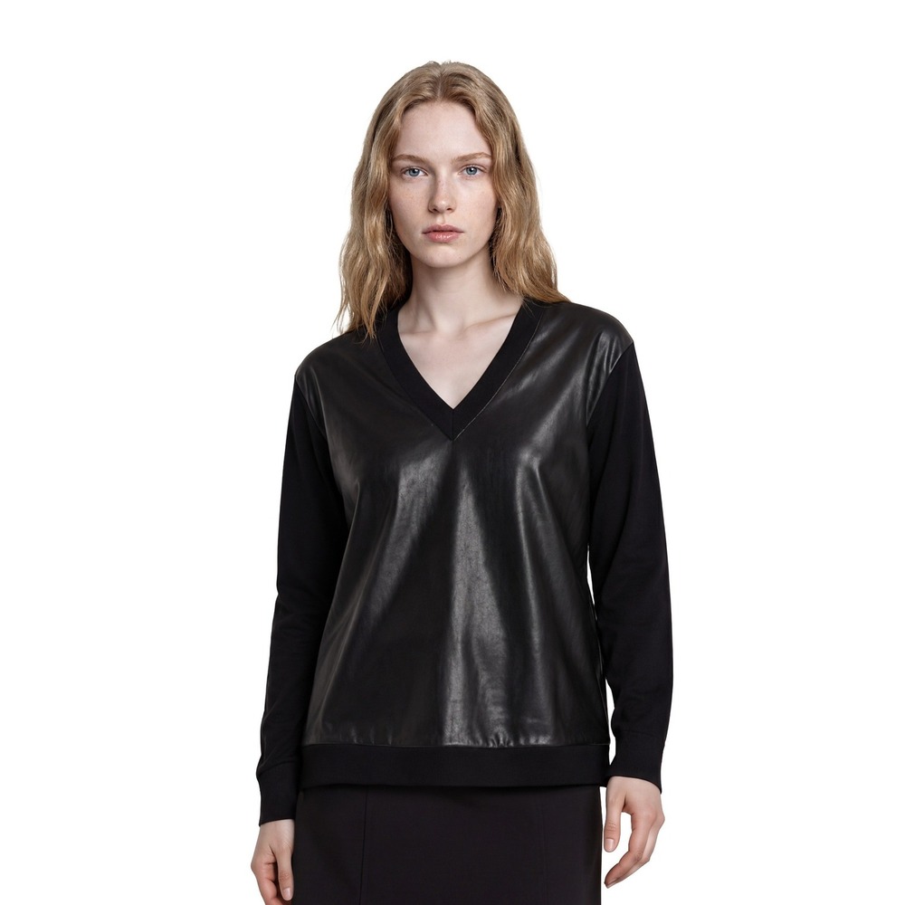 DKNY Pullover Women's Size Large Black‎ Faux Leather Mixed Media Top